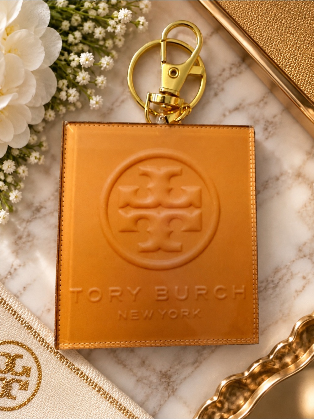 Handcrafted Tory Burch Style Bag Charm Keychain | Caramel & Gold Tone